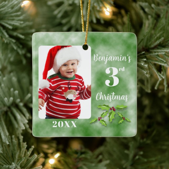 Baby's 3rd Christmas One Photo Square Ceramic Ornament (Tree)