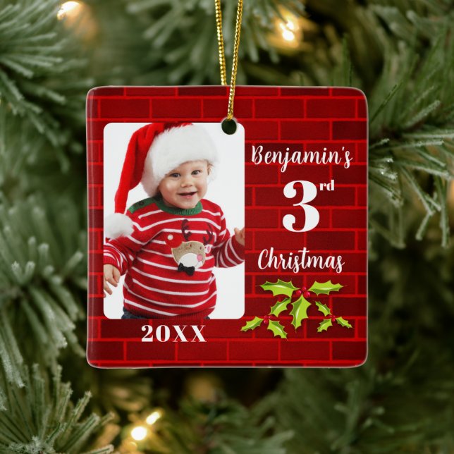 Baby's 3rd Christmas Red Brick Keepsake Ceramic Ornament (Tree)