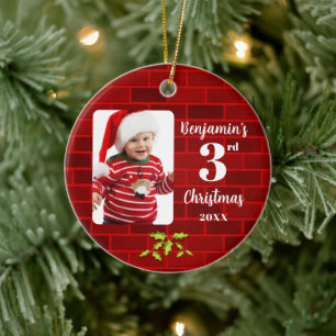 Baby's 3rd Christmas Red Brick Round Keepsake Ceramic Ornament