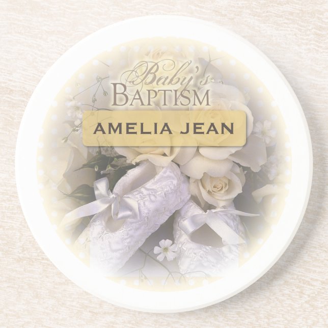 Baby's Baptism Neutral , Customisable Name, Amelia Coaster (Front)