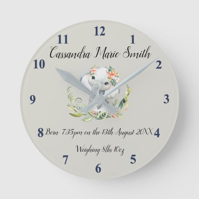 Baby's Birth Memento With Baby Elephant Round Clock (Front)