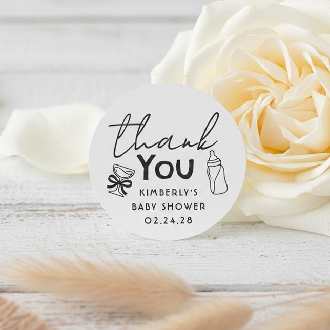 Baby's Bottle and Champagne Funny Thank You Classic Round Sticker (Whimsical Cute and Funny Thank You Stickers for Baby shower)
