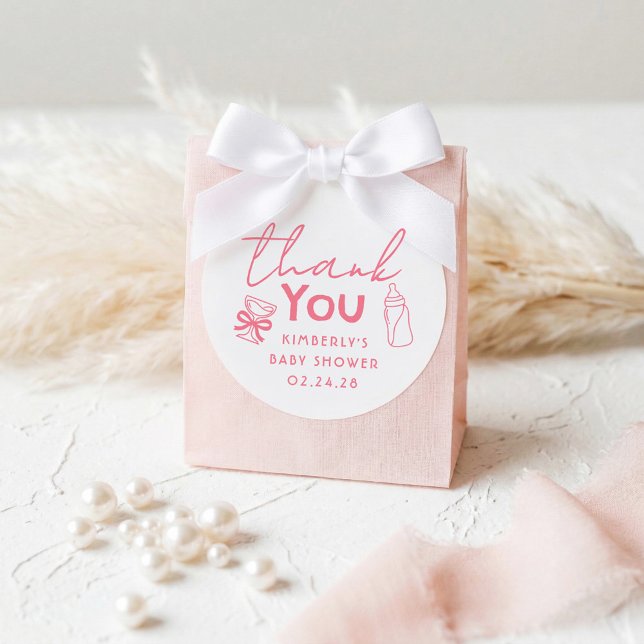 Baby's Bottle and Champagne Funny Thank You Classic Round Sticker (Pink Funny Whimsical Thank You Stickers With Champagne Glass Bow and Baby's Bottle)