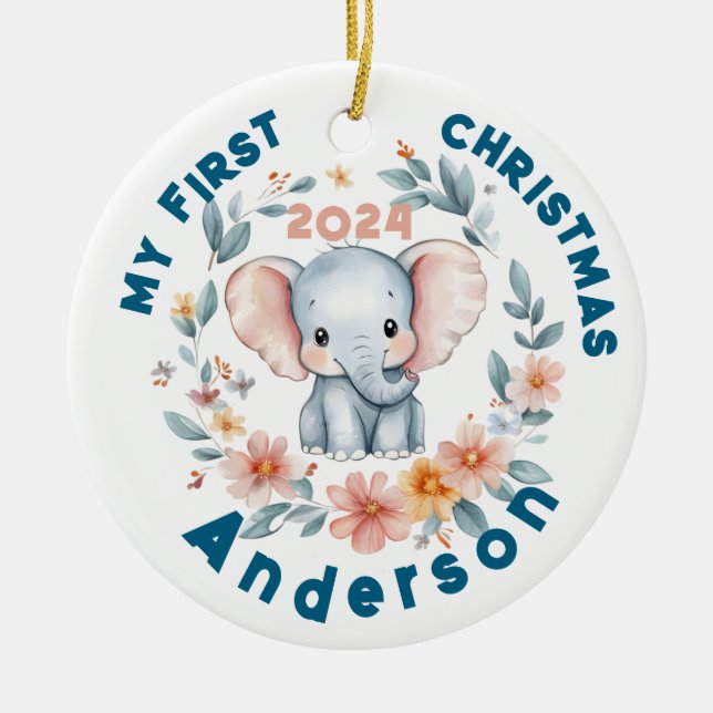 Baby's Boy First Christmas Cute Elephant  Ceramic Ornament (Front)