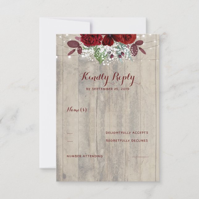 Baby's Breath and Burgundy Flowers Rustic RSVP Card (Front)
