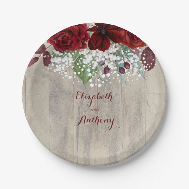 Baby's Breath and Burgundy Flowers Rustic Wedding Paper Plate (Front)