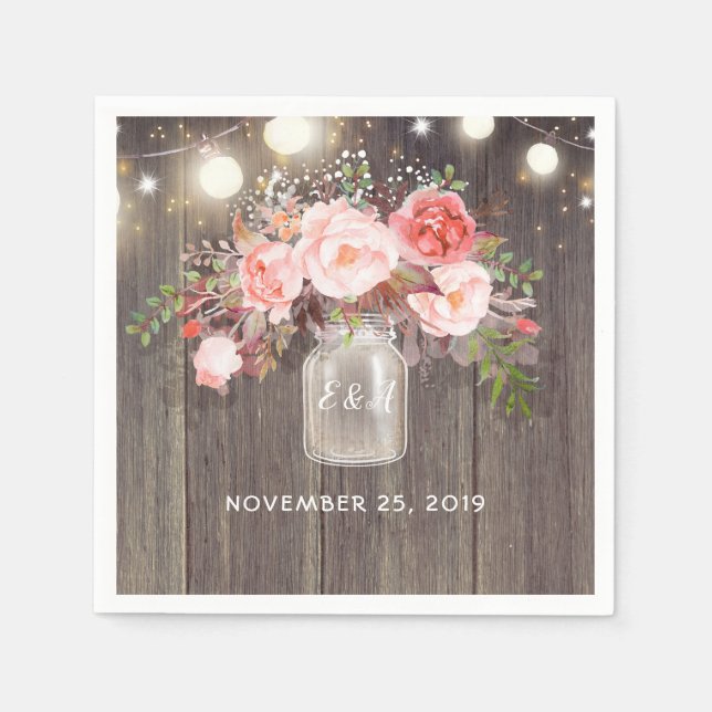 Baby's Breath and Pink Floral Mason Jar Rustic Napkin (Front)