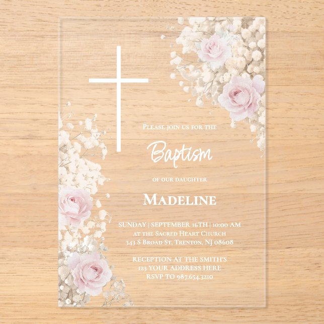 Baby's Breath and pink roses Baptism Acrylic Invitations (Front)