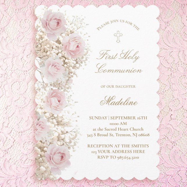 Baby's Breath and pink roses First Communion Invitation (Creator Uploaded)
