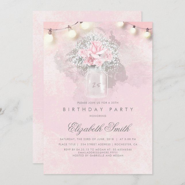 Baby's Breath and Pink Roses Rustic Birthday Party Invitation (Front/Back)