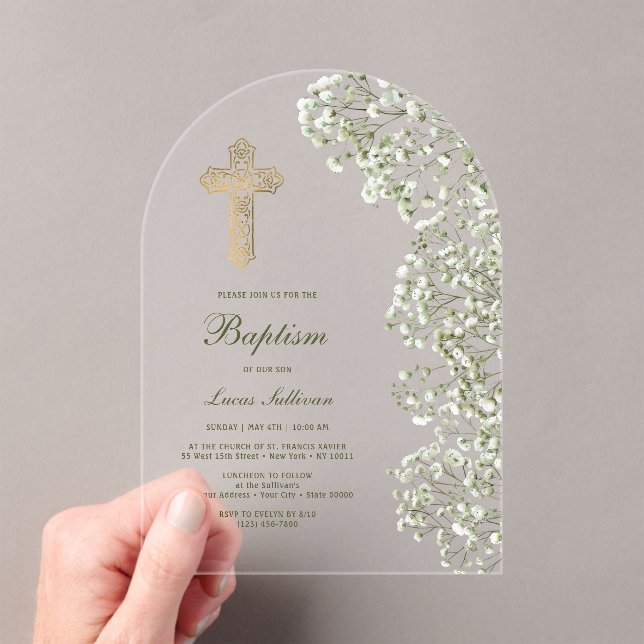 Baby's Breath Arch Baptism Acrylic Invitations (Insitu (Handheld))