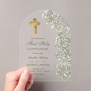 Baby's Breath Arch First Communion Acrylic Invitations