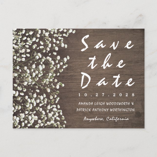 Baby's Breath Barn Wood Save The Date Cards (Front)