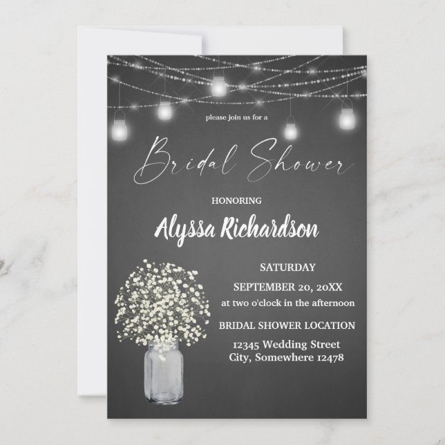 Babys Breath Chalk G & String Lights Bridal Shower Invitation (Front)