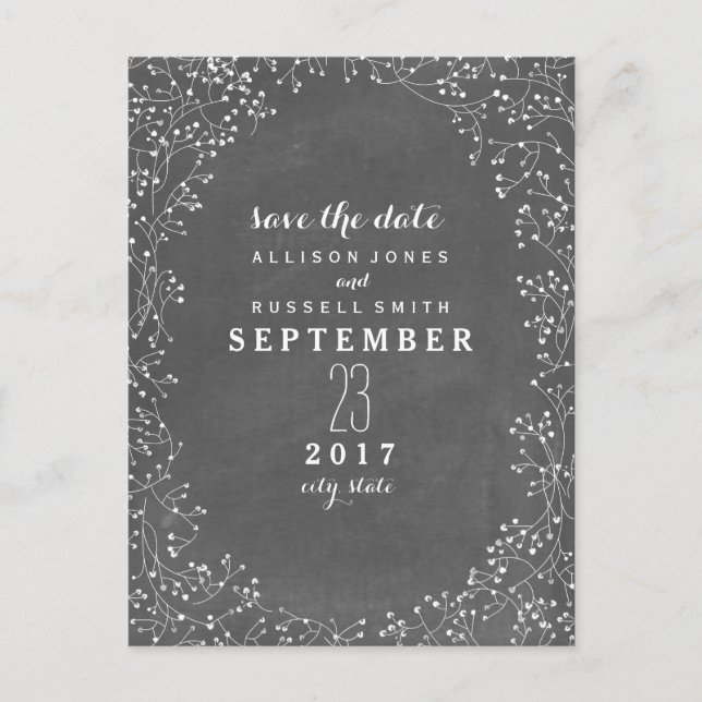 Baby's Breath Chalkboard Inspired Save The Date Announcement Postcard (Front)