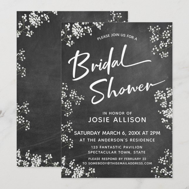 Baby's Breath Chalkboard Modern Bridal Shower Invitation (Front/Back)