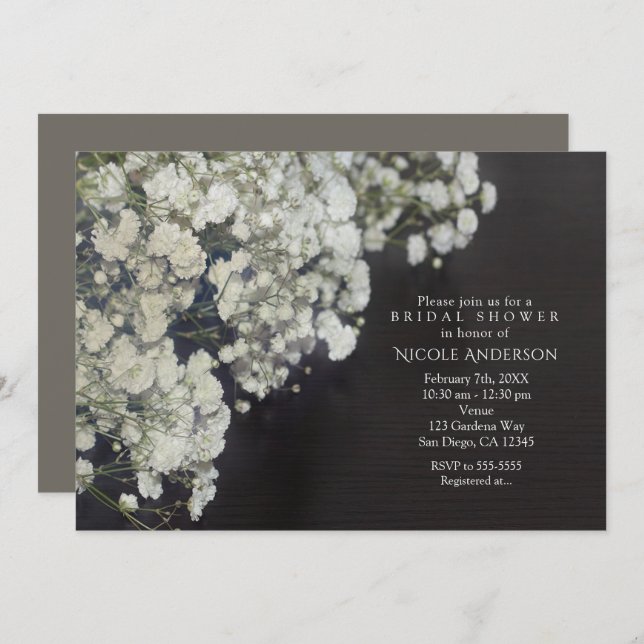 Baby's Breath & Dark Wood Rustic Bridal Shower Invitation (Front/Back)