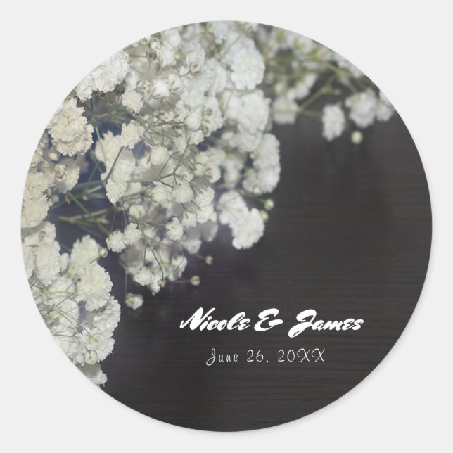 Baby's Breath & Dark Wood Rustic Elegant Favour Classic Round Sticker (Front)