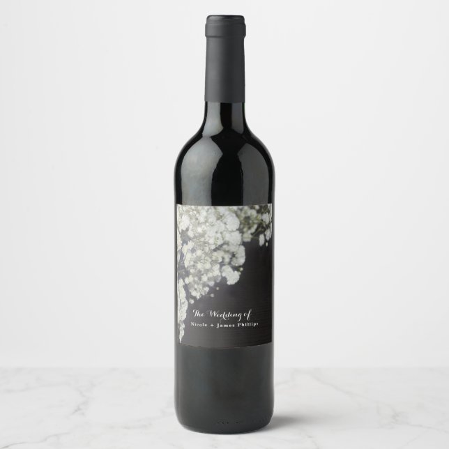 Baby's Breath Dark Wood Rustic Elegant Wine Labels (Front)