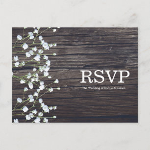 Baby's Breath Floral & Dark Rustic Wood RSVP Invitation Postcard
