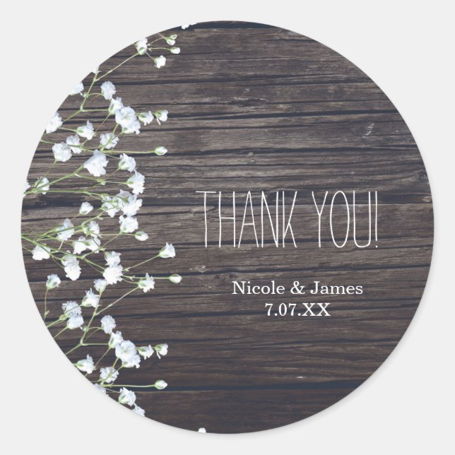 Baby's Breath Floral & Dark Rustic Wood Wedding Classic Round Sticker (Front)