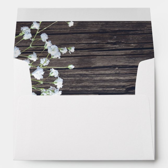Baby's Breath Floral & Dark Rustic Wood Wedding Envelope (Back (Bottom))