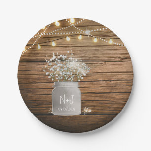 Baby's Breath Floral in Rustic Mason Jar & Lights Paper Plate