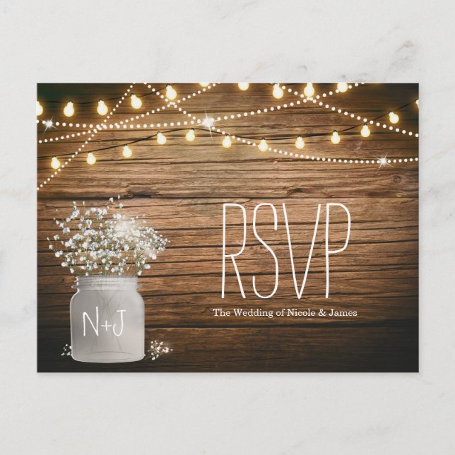 Baby's Breath Floral in Rustic Mason Jar RSVP Invitation Postcard (Front)