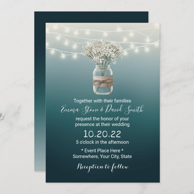 Baby's Breath Floral Jar Elegant Teal Wedding Invitation (Front/Back)