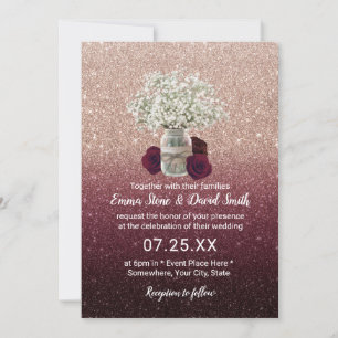 Baby's Breath Floral Jar Rose Gold Glitter Wedding Invitation