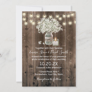 Baby's Breath Floral Jar Rustic Barn Wedding Invitation