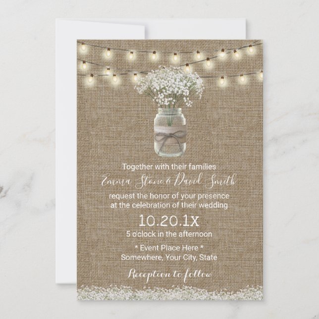 Baby's Breath Floral Jar Rustic Burlap Wedding Invitation (Front)