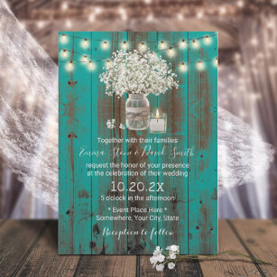Baby's Breath Floral Jar Rustic Teal Barn Wedding Invitation