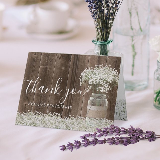 Baby's Breath Floral Jar Rustic Wood Thank You Card (Creator Uploaded)