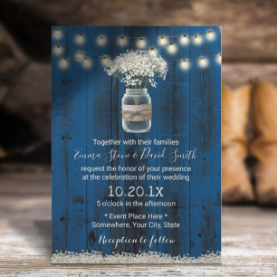 Baby's Breath Floral Rustic Navy Barn Wood Wedding Invitation