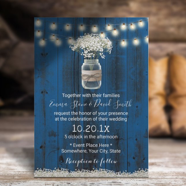 Baby's Breath Floral Rustic Navy Barn Wood Wedding Invitation (Creator Uploaded)