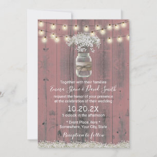 Baby's Breath Floral Rustic Pink Barn Wood Wedding Invitation