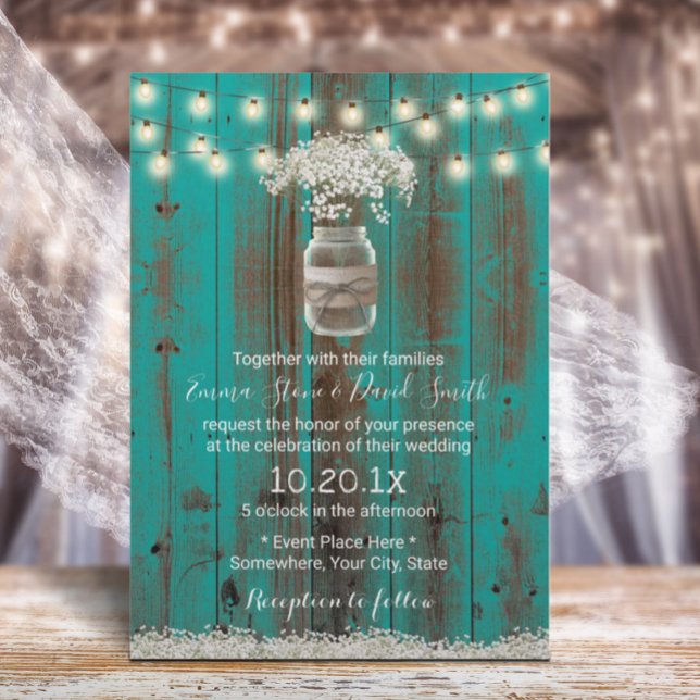 Baby's Breath Floral Rustic Teal Barn Wood Wedding Invitation (Creator Uploaded)