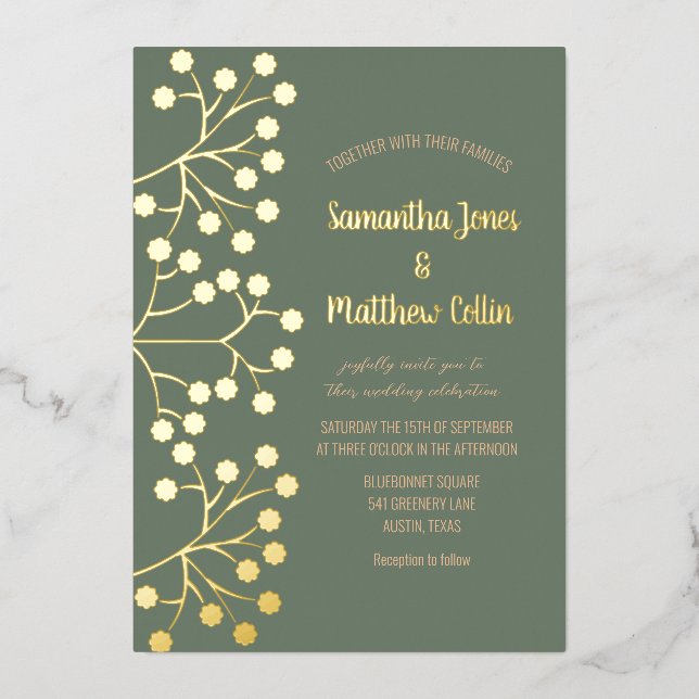 Baby's Breath Floral  Sage Green Gold Foil Wedding (Front)