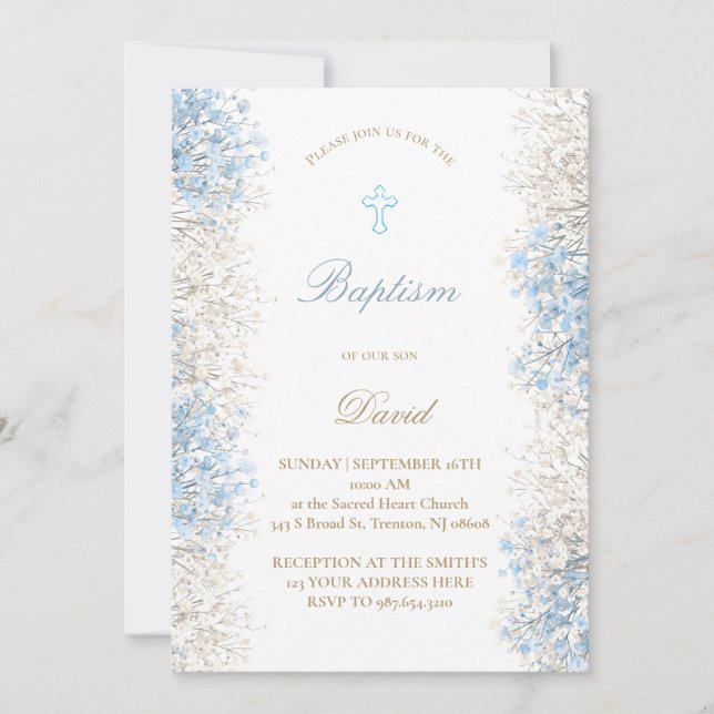 Baby's Breath flowers | baby boy Baptism Invitation (Front)