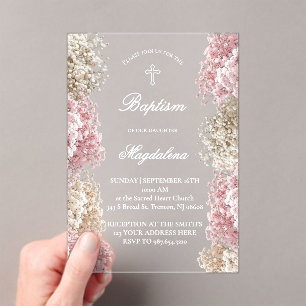 Baby's Breath flowers baby girl Baptism Acrylic Invitations