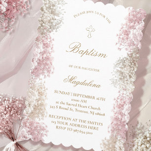 Baby's Breath flowers   baby girl Baptism Invitation