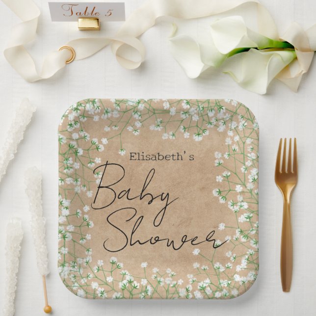   Baby's Breath Flowers Boho Farmhouse Baby Shower Paper Plate (Wedding)