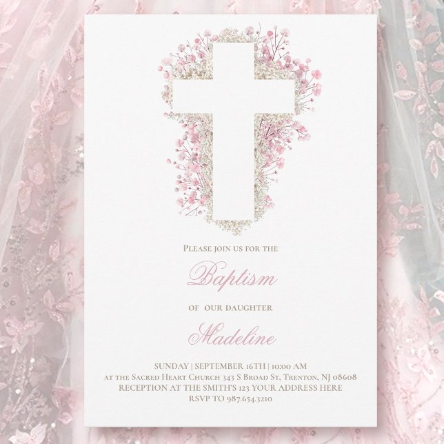 baby's breath flowers cross Baptism  Invitation (Creator Uploaded)