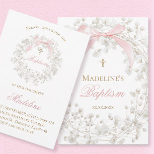 baby's breath flowers pink bow Baptism Invitation