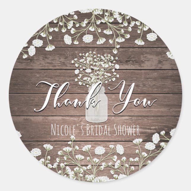 Baby's Breath Flowers Rustic Wood Thank You Favour Classic Round Sticker (Front)