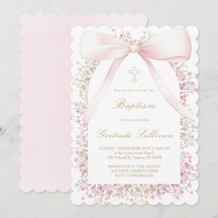 baby's breath frame pink bow Baptism Invitation