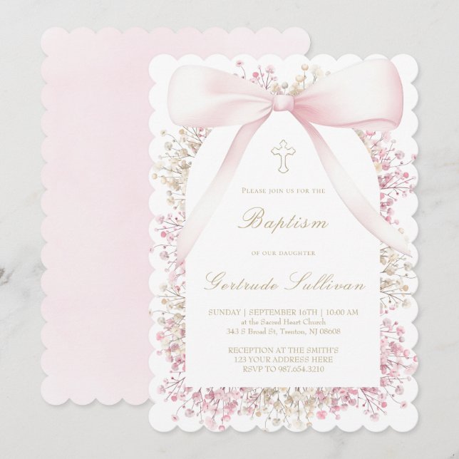 baby's breath frame pink bow | Baptism Invitation (Front/Back)