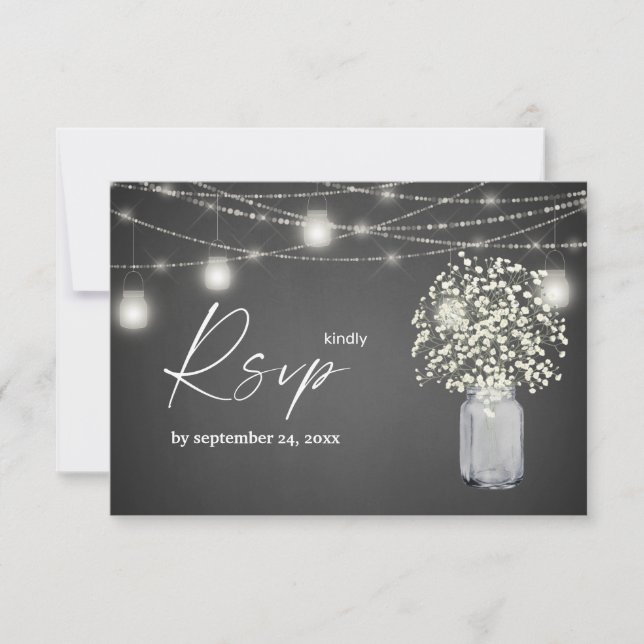Baby's Breath, G Chalk & String Lights with Meal RSVP Card (Front)