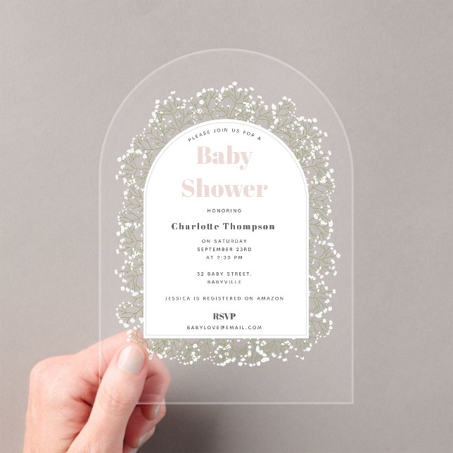 Baby's Breath Girl Pink Gypsophila Baby Shower Acrylic Invitations (Insitu (Handheld))